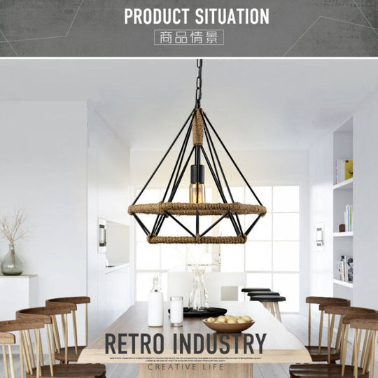 Retro Industrial Chandelier Russian Attic Cage Diamond - Shaped Hemp Rope Dining Room Living
