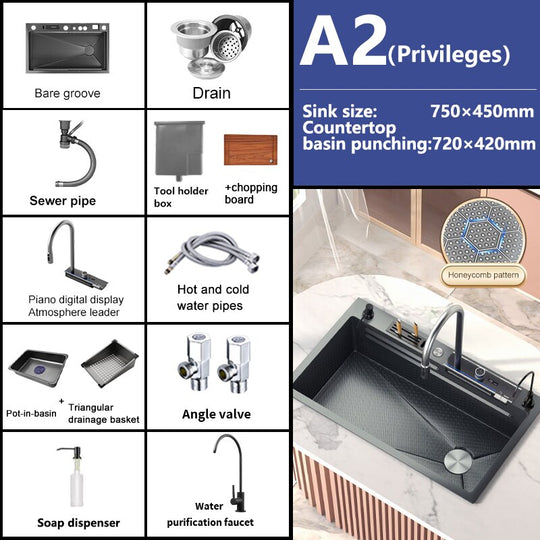 Stainless Steel Waterfall Kitchen Sink Digital Display Embossed Large Single - Slot Multifunctional