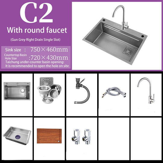 Kitchen Sink Nano 304 Stainless Steel Waterfall Gun Gray Large Single Bowl With Multifunction Touch