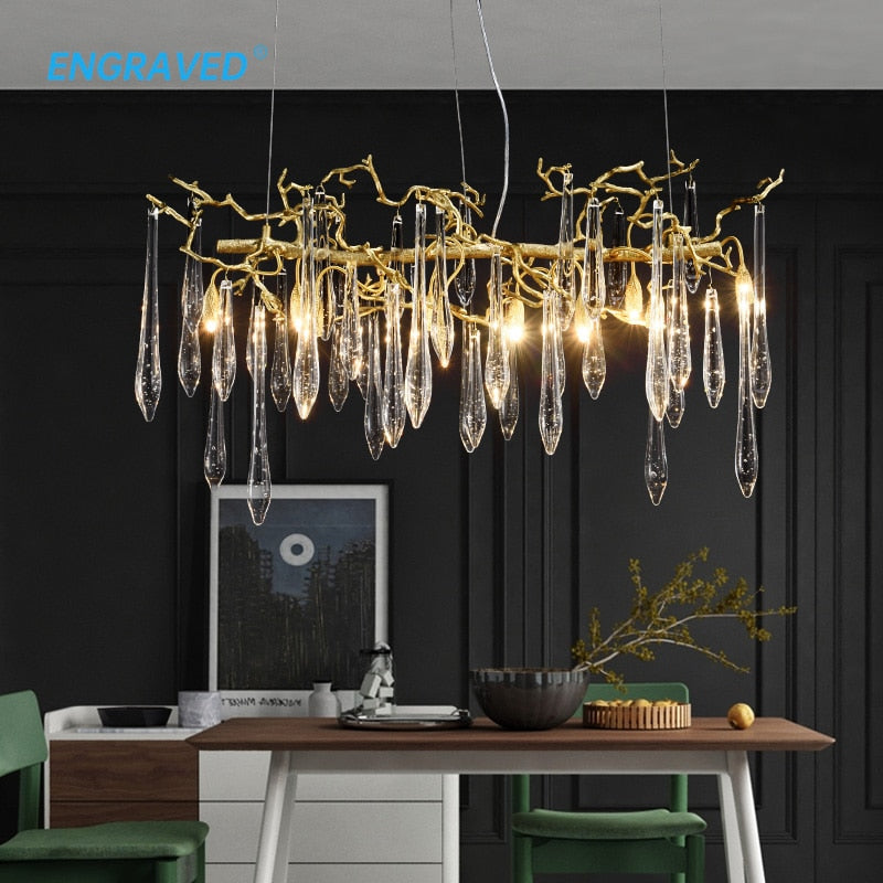Creative Tree Branch Lamp Long Copper Chandelier For Dining Room Restaurant Crystal Kitchen Island