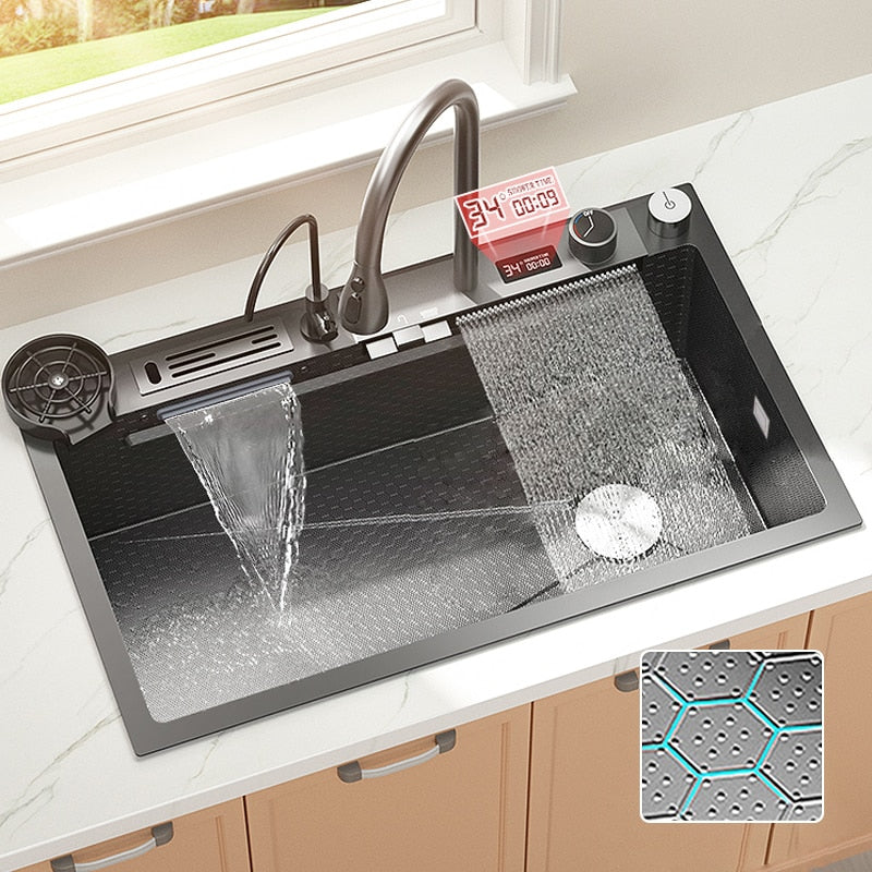 Digital Display Waterfall Sink Embossed Stainless Steel Kitchen Large Single Bowl Black Washbasin