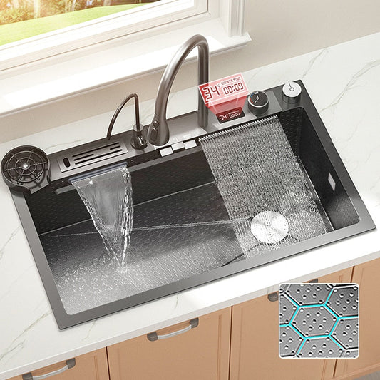 Digital Display Waterfall Sink Embossed Stainless Steel Kitchen Large Single Bowl Black Washbasin