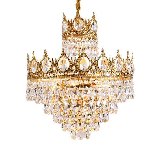 Baroque Royal Crown Crystal Pendant Lamp - Elegant Gold Hanging Light For Living And Dining Rooms