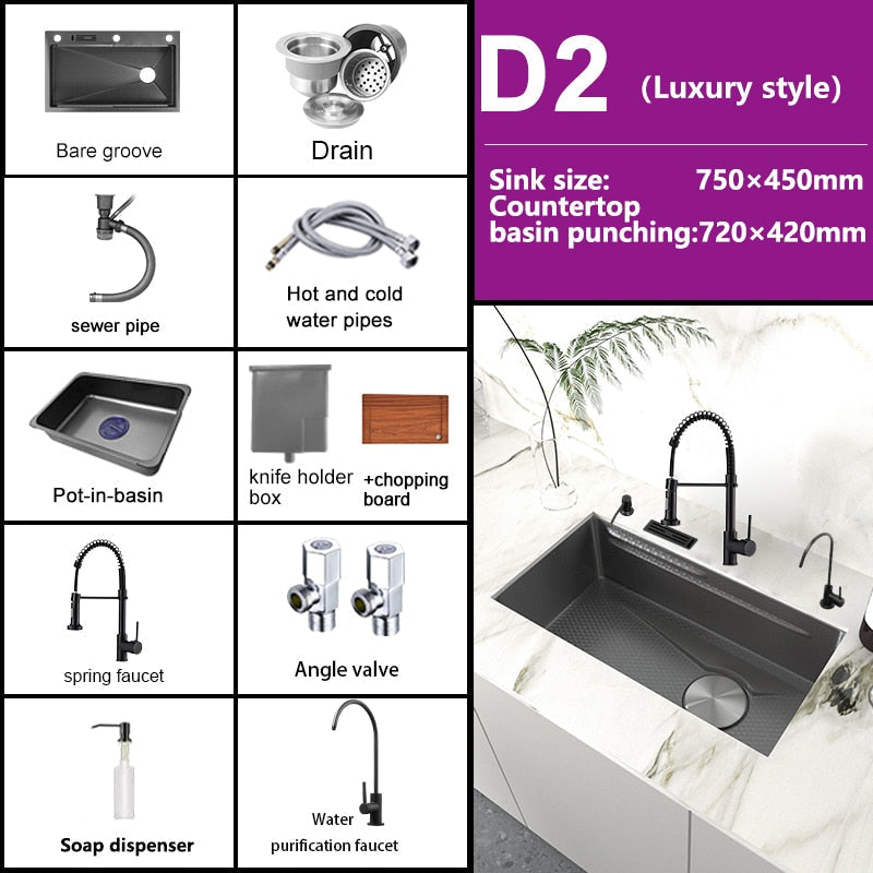 Stainless Steel Embossed Kitchen Sink Large Single Slot Washbasin Multifunctional Washing Basin