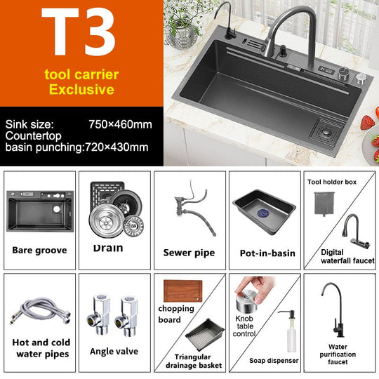 Waterfall Sink Kitchen 304 Stainless Steel Large Single Slot With Multifunction Touch Faucet Above