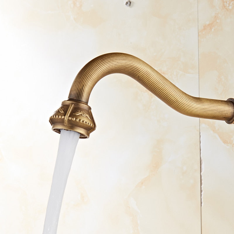 Kitchen Faucet Vintage Antique Hot Cold Rotating Bathroom Sink Carved Basin Mixer Tap Solid Brass