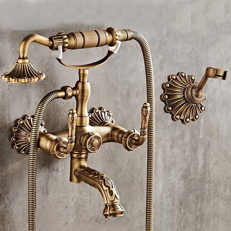 Antique Brass Bathtub Shower Faucets Set Wall Mounted Bath Swivel Tub Spout Dual Control Carved