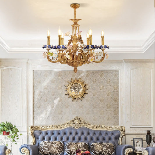 French Copper Chandelier Living Room Bedroom Lamp European Style Palace Club Villa Candle Ceramic