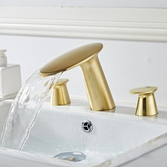 Basin Mixer Waterfll Faucet Bathroom Sink Faucets Brushed Gold Brass 3 Holes Double Handle