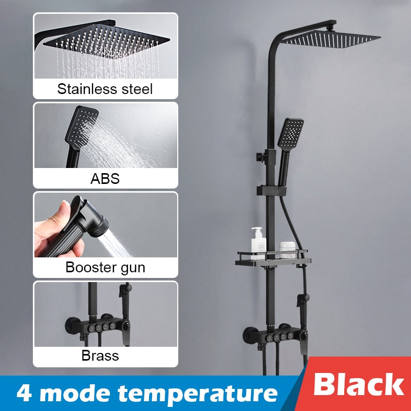 Bathroom Shower Set Black Gold Rain Faucet Thermostatic Digital Display Mixer Taps Copper Systems