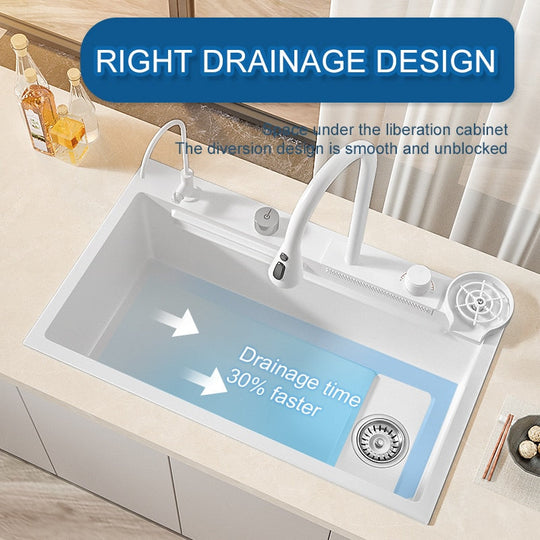 Waterfall Kitchen Sink White Large Single Slot Nano 304 Stainless Steel Sink With Faucet For Sink