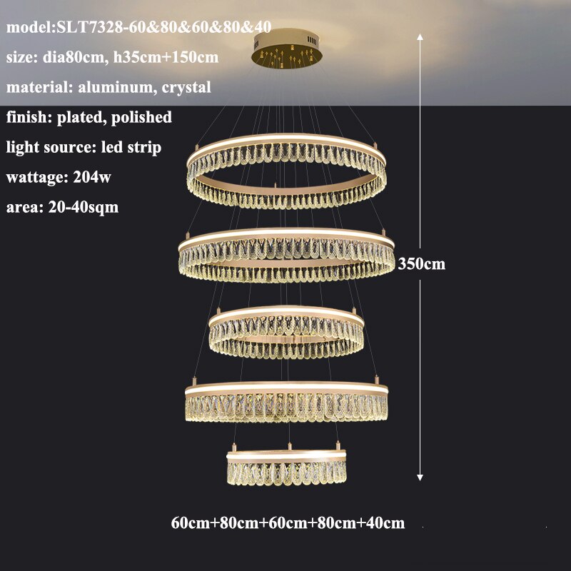Modern Led K9 Crystal Chandelier 3 / 4 Ring Living Dining Room Hanging Light Circle Pendant Lamp
