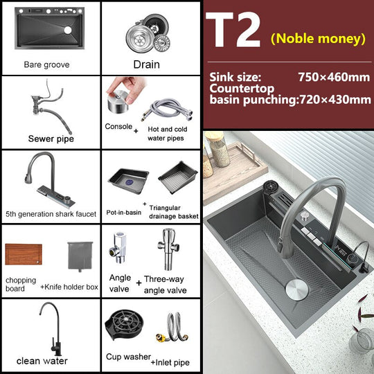 Stainless Steel Waterfall Kitchen Sink Digital Display Embossed Large Single - Slot Multifunctional