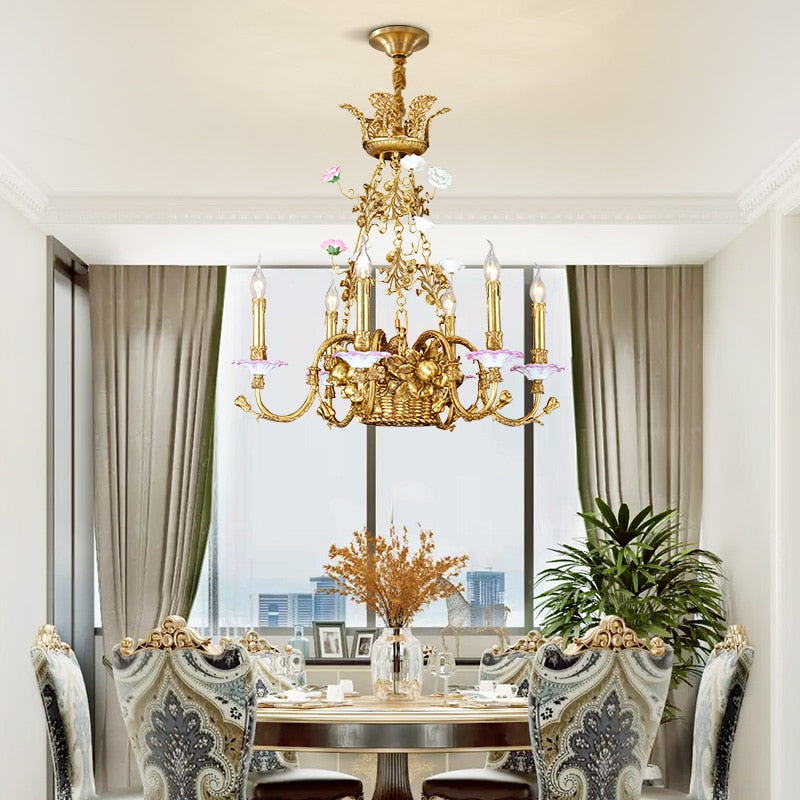 6/8/15 Lights French Pastoral Copper Flower Basket Chandelier European Style Classic Living Dining
