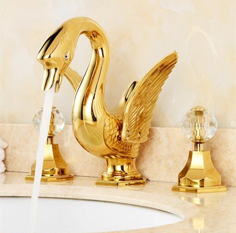 Basin Faucet Widespread Hot And Cold Swan Sink Crystal Handle Gold Solid Brass Mixer Bathroom