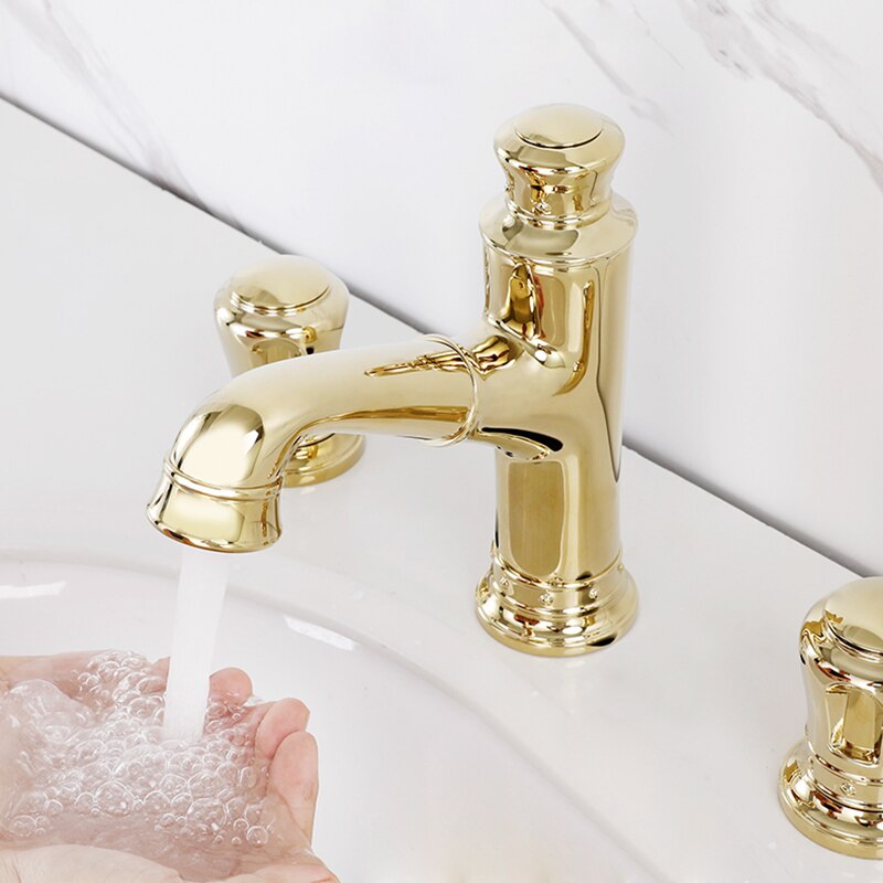 Pull Out Bathroom Sink Faucets Basin Faucet Mixer Gold Brass 3 Holes Double Handle Bathbasin