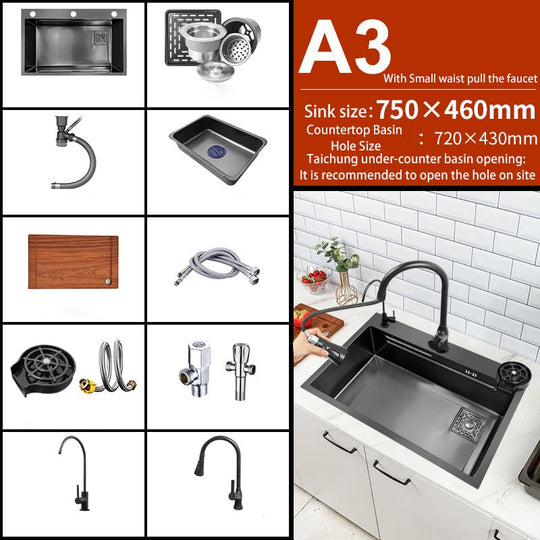 Black Nano Kitchen Sink 304 Stainless Steel Waterfall Basin Large Single Bowl With Multifunction