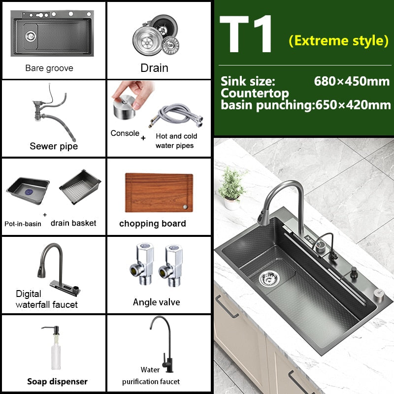 Waterfall Kitchen Sink Stainless Steel Embossed Washbasin Large Single Slot Left Drain