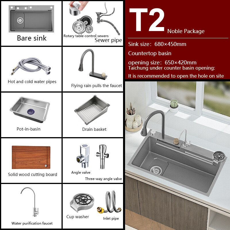New Grey Nano 304 Stainless Steel Kitchen Sink Waterfall Basin Large Single Slot With Faucet For