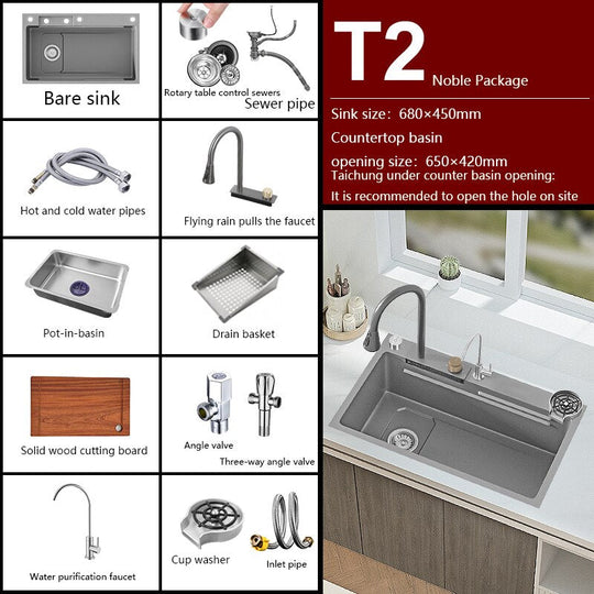 New Grey Nano 304 Stainless Steel Kitchen Sink Waterfall Basin Large Single Slot With Faucet For