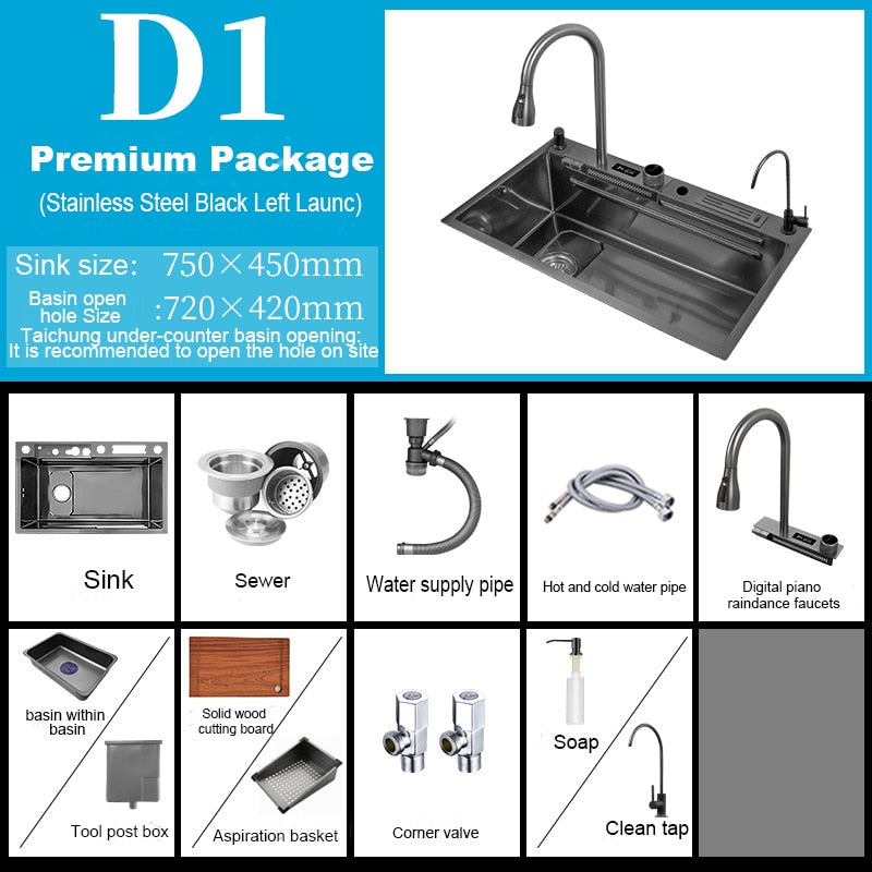304 Stainless Steel Kitchen Waterfall Sink Digital Display Large Single Dish Basin With