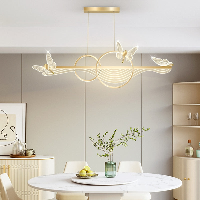 Nordic Light Luxury Dining Room Led Chandelier Modern Rectangular Black/Gold Kitchen Pendant Lamps