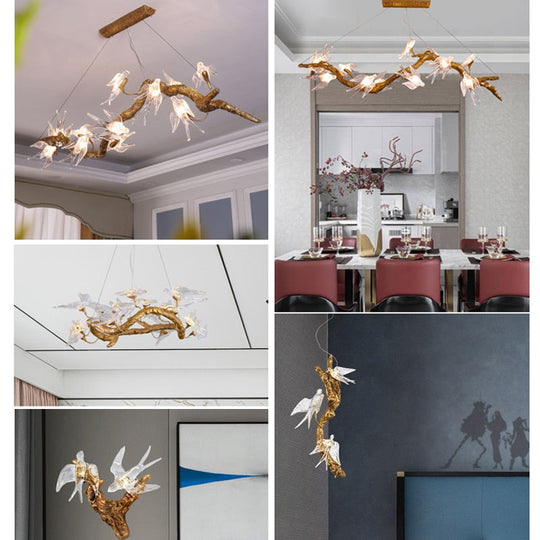 Branches Copper Chandelier Lustre Hanging Lamps For Ceiling Modern Suspension Bird Crystal