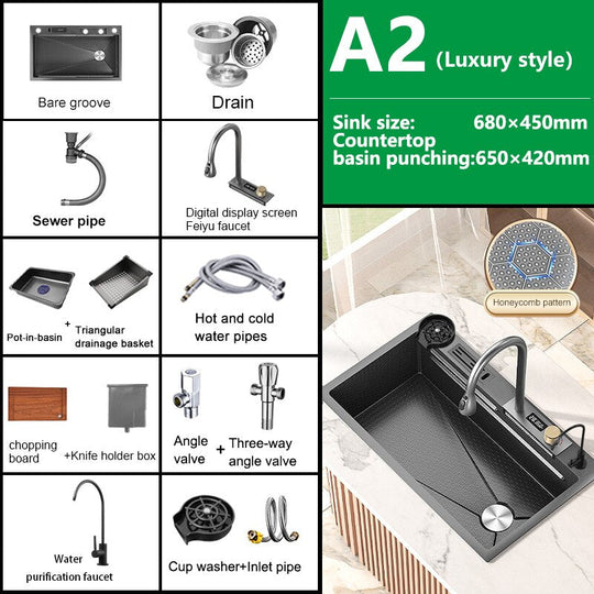 Kitchen Sink Large Single Slot Stainless Steel Waterfall Household Embossed Washing Basin Utensils