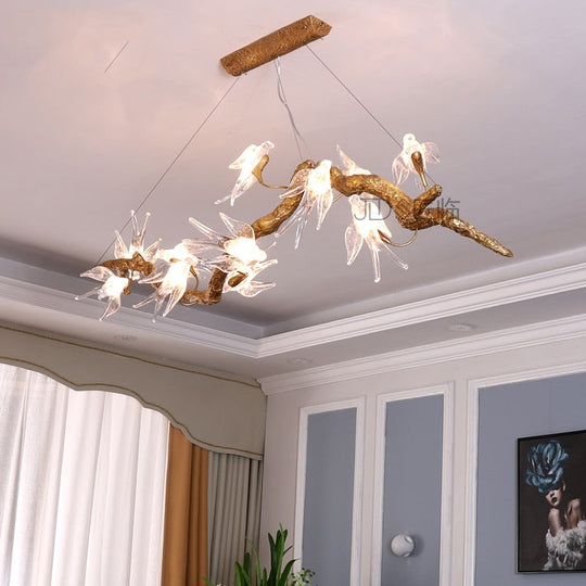 Branches Copper Chandelier Lustre Hanging Lamps For Ceiling Modern Suspension Bird Crystal