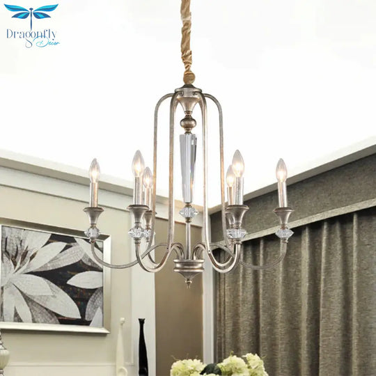 Aged Silver Candlestick Suspension Light Antiqued Metallic 6 - Bulb Restaurant Chandelier