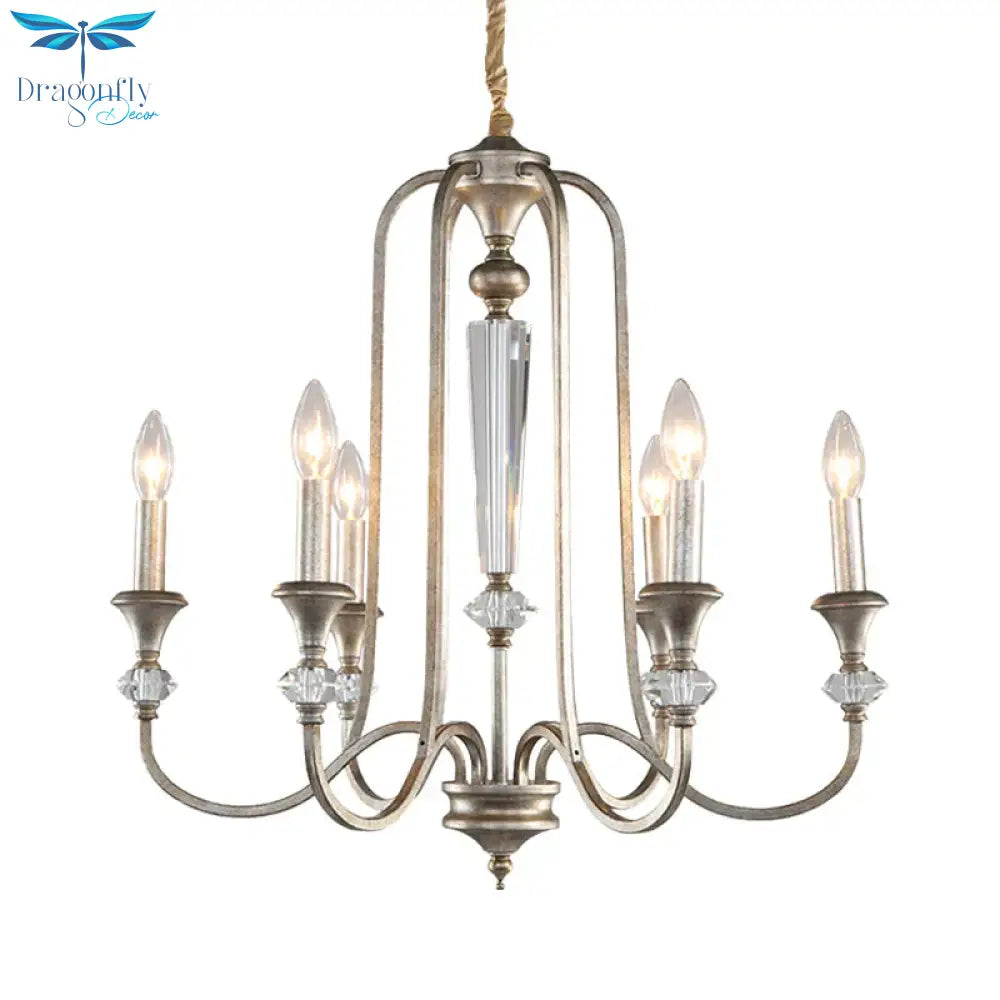 Aged Silver Candlestick Suspension Light Antiqued Metallic 6 - Bulb Restaurant Chandelier