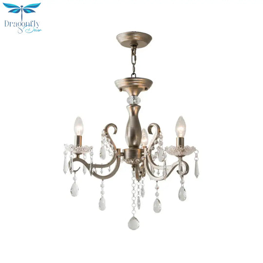 Aged Silver Crystal Suspension Light Candelabra 3 - Bulb Traditional Hanging Chandelier