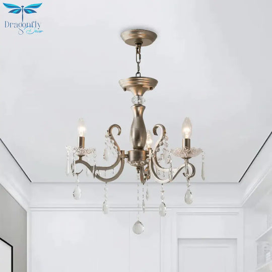 Aged Silver Crystal Suspension Light Candelabra 3 - Bulb Traditional Hanging Chandelier