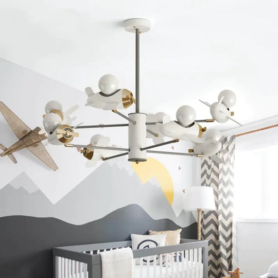 Airplane Pendant Chandelier Cartoon Metal 5/8 Heads White Hanging Light Fixture For Kids Bedroom 8 /