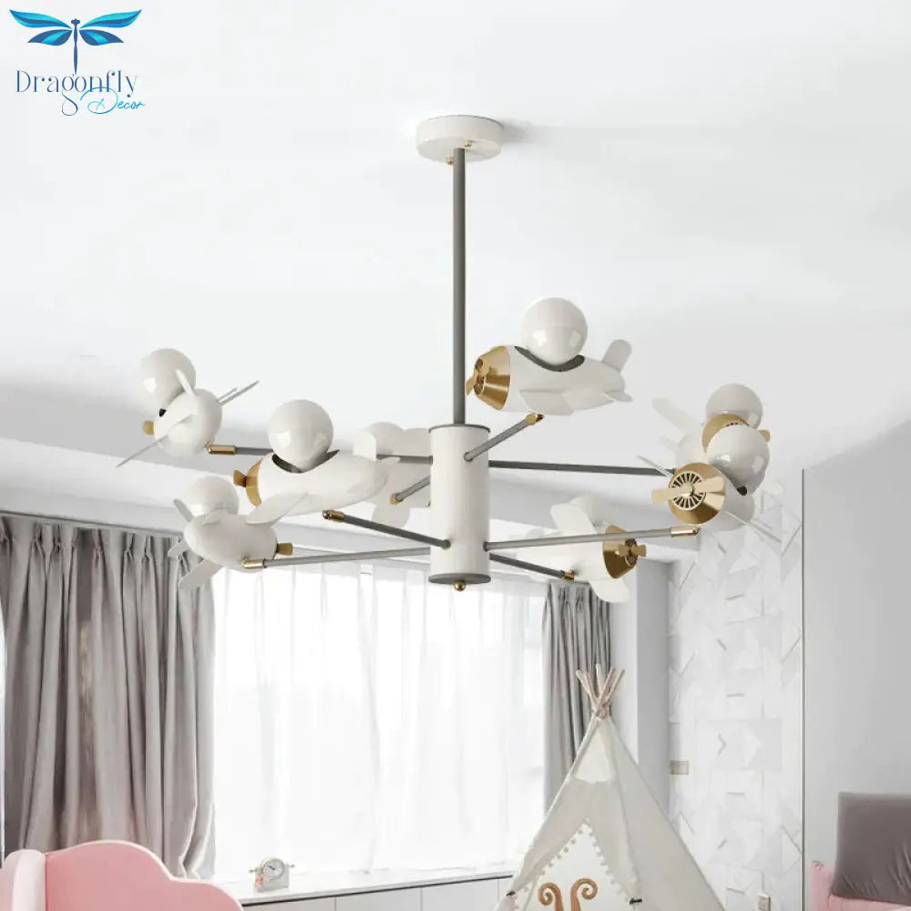 Airplane Pendant Chandelier Cartoon Metal 5/8 Heads White Hanging Light Fixture For Kids Bedroom