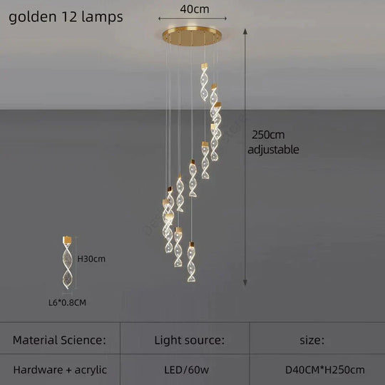 Alura - Designer Spiral Chandelier Golden 12 Lamps / White Light
