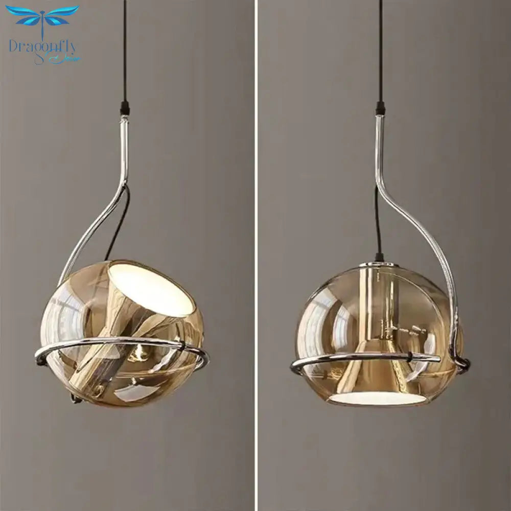 Amber Glass Pendant Light Ball Industrial Hanging Lamp E27 Plating Adjustable Chandelier For
