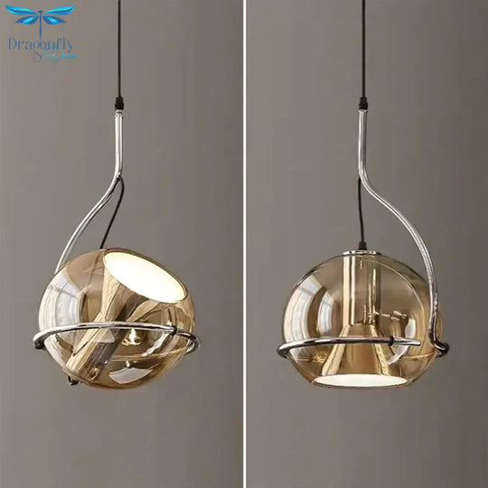 Amber Glass Pendant Light Ball Industrial Hanging Lamp E27 Plating Adjustable Chandelier For