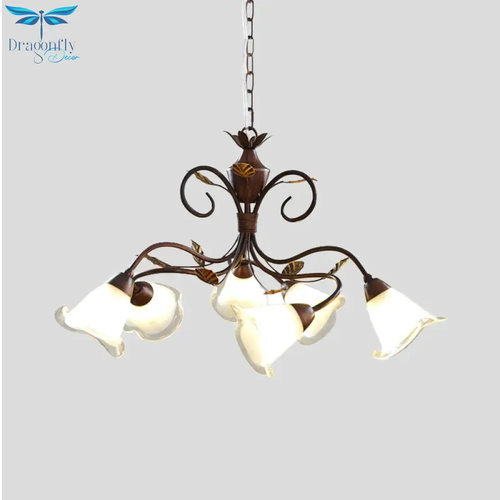 American Flower Chandelier Lamp 6 Lights Metal Led Hanging Light Fixture In Brown For Living Room