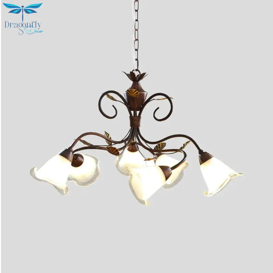 American Flower Chandelier Lamp 6 Lights Metal Led Hanging Light Fixture In Brown For Living Room