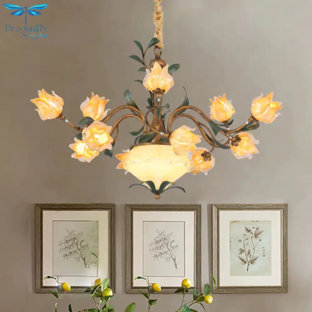 American Flower Chandelier Lighting Fixture 15 Heads Metal Led Pendant Ceiling Light In Brass
