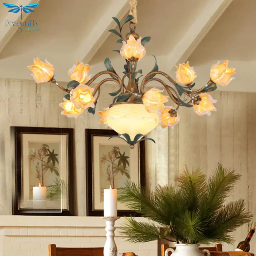 American Flower Chandelier Lighting Fixture 15 Heads Metal Led Pendant Ceiling Light In Brass