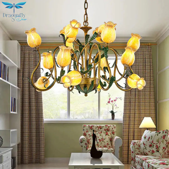 American Flower Metal Hanging Pendant 16 Heads White/Yellow/Purple Glass Led Ceiling Chandelier For