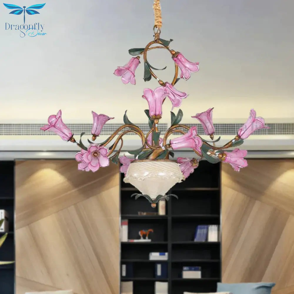 American Garden Lily 15 Heads Metal Led Pendant Ceiling Light In Brass For Living Room