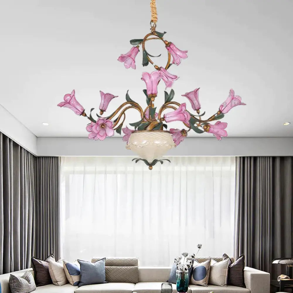 American Garden Lily 15 Heads Metal Led Pendant Ceiling Light In Brass For Living Room