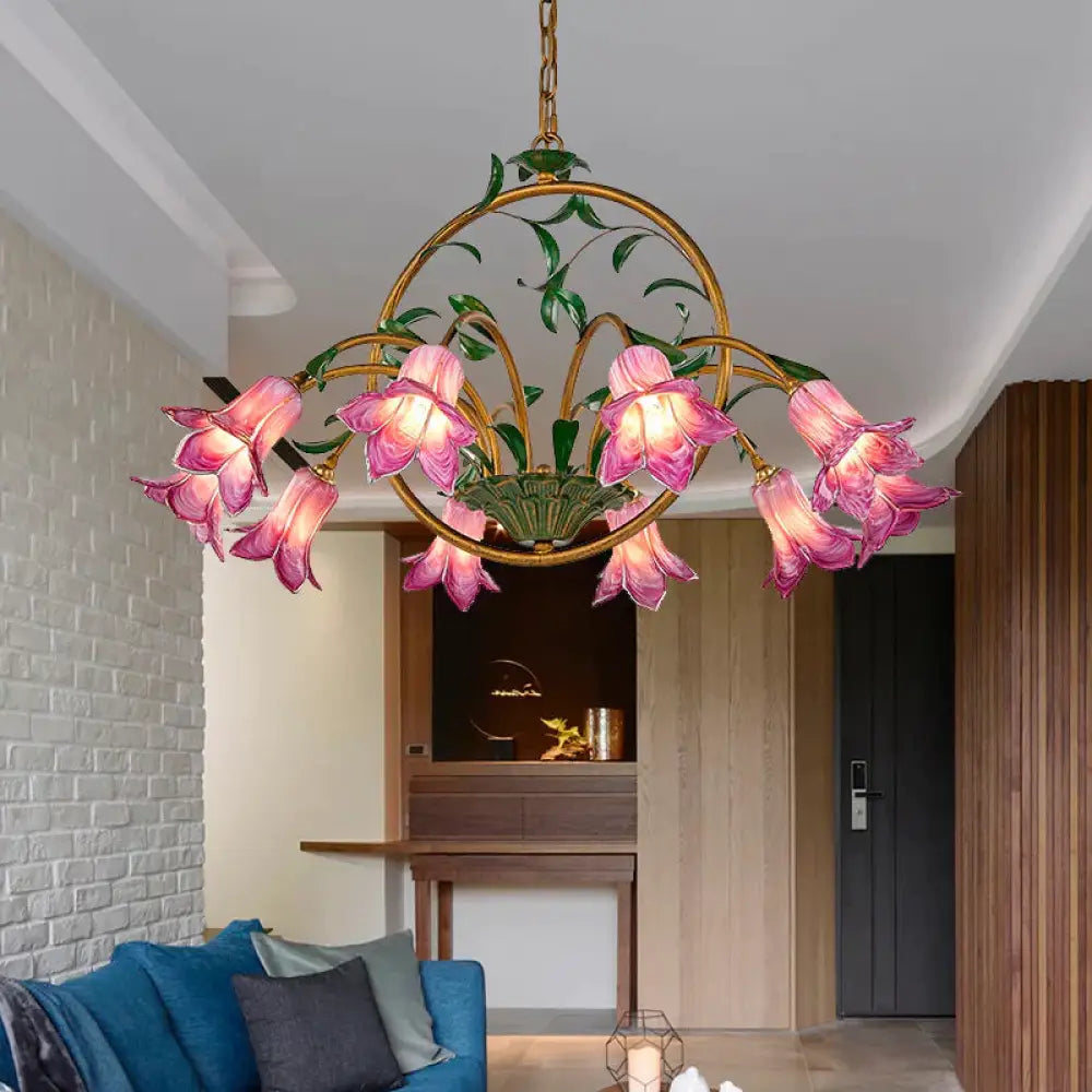 American Garden Lily Hanging Chandelier 6/8/10 Bulbs Metal Led Suspension Light In Brass For Dining