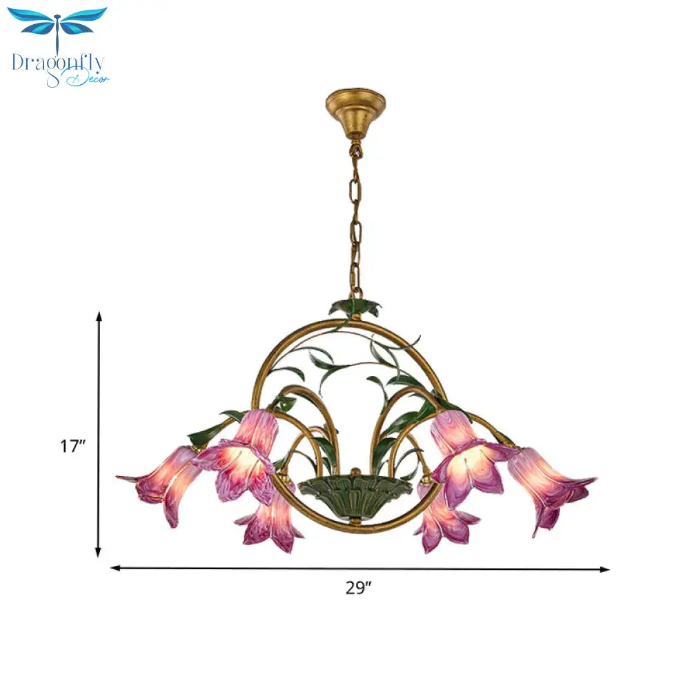 American Garden Lily Hanging Chandelier 6/8/10 Bulbs Metal Led Suspension Light In Brass For Dining
