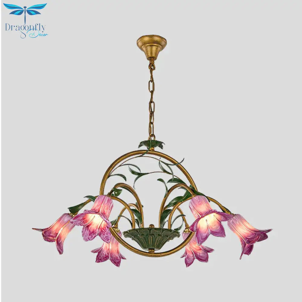 American Garden Lily Hanging Chandelier 6/8/10 Bulbs Metal Led Suspension Light In Brass For Dining