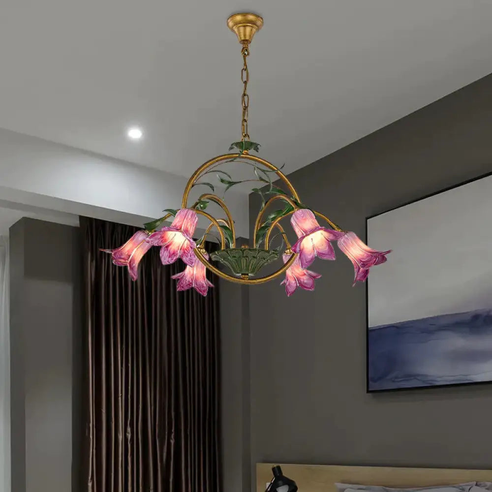 American Garden Lily Hanging Chandelier 6/8/10 Bulbs Metal Led Suspension Light In Brass For Dining