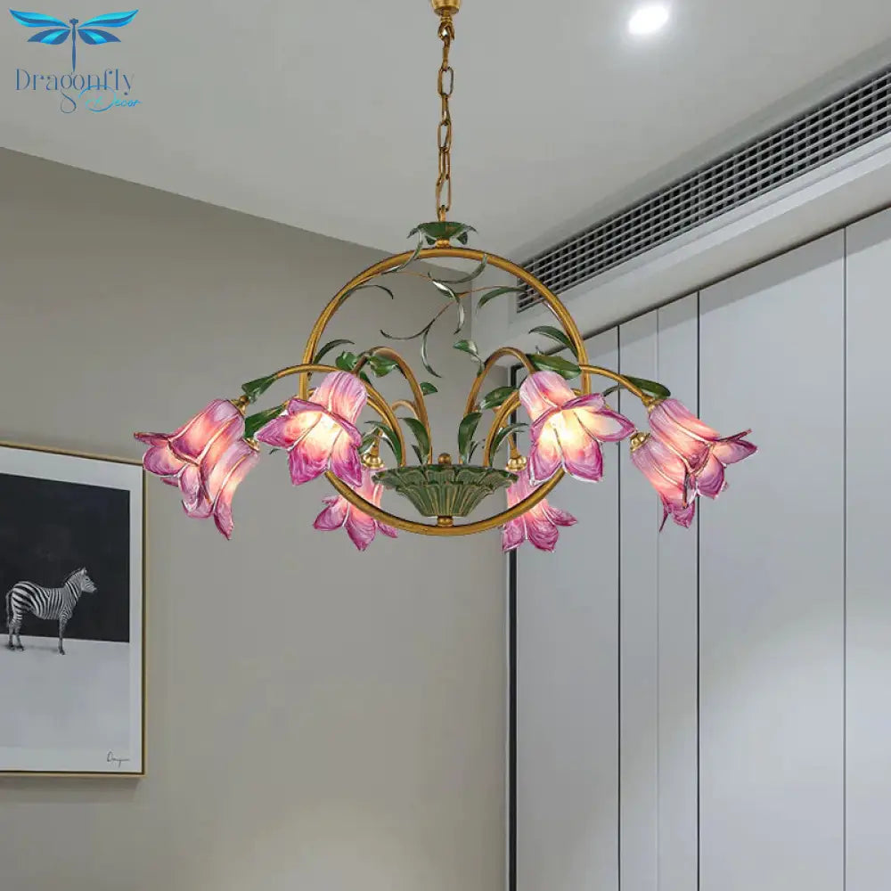 American Garden Lily Hanging Chandelier 6/8/10 Bulbs Metal Led Suspension Light In Brass For Dining